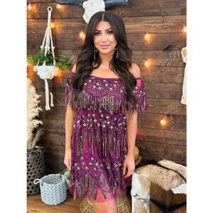 Southern Fried Chics Boutique Sequined Off Shoulder Dress Size S Fringe Burgundy